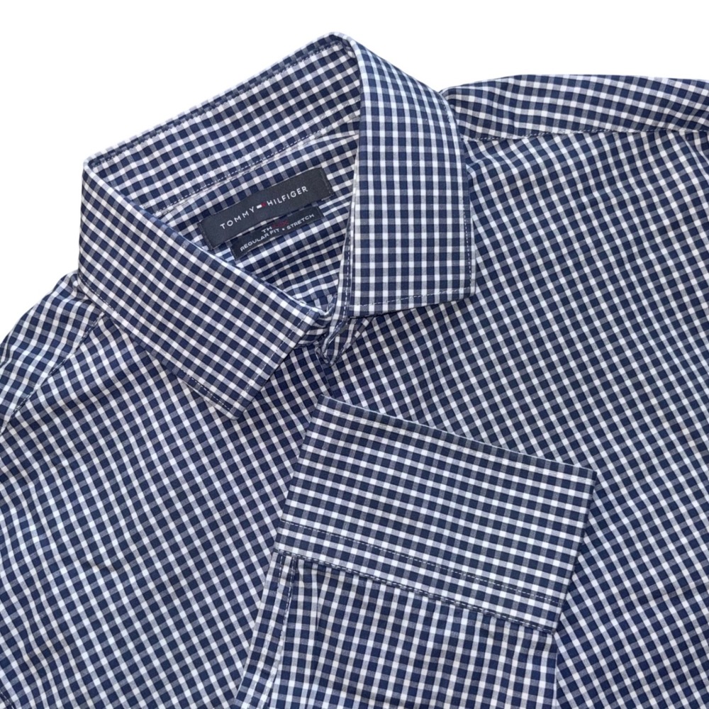 Tommy Hilfiger Blue White Check Gingham Preppy Mens Large Button Up Dress Shirt